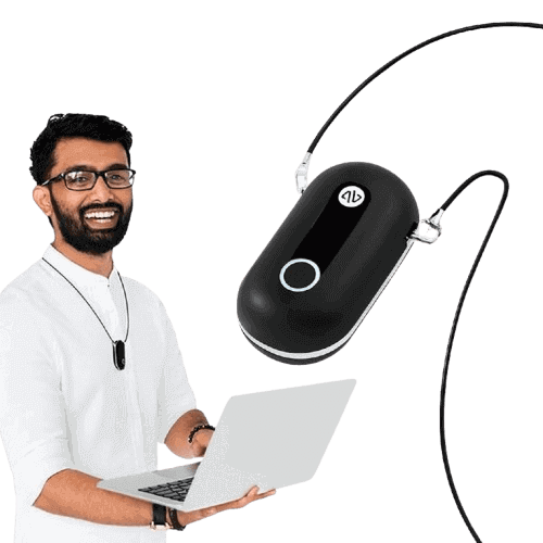 Atovio Pebble wearable air purifier in black with lanyard